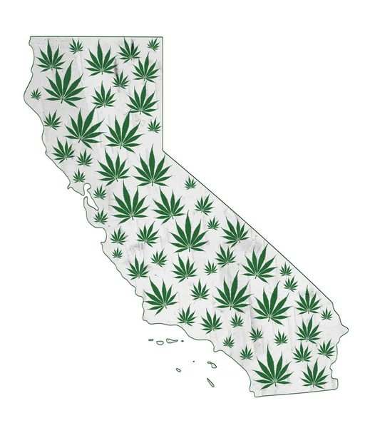 Map California Filled Green Cannabis Leaves Isolated White — Stock Photo, Image