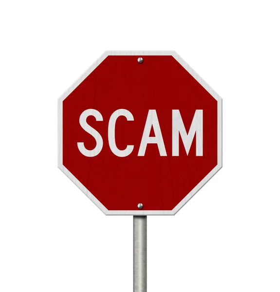Stop Scam Rode Verkeersbord Geïsoleerd Wit Voor Fraude Oplichting Bericht — Stockfoto