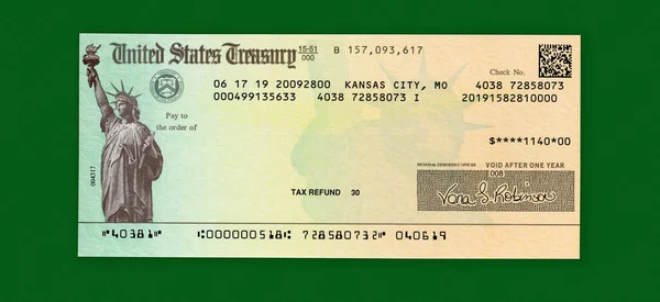 Verificação Tesouro Dos Estados Unidos Para Reembolso Imposto Federal Pagamento — Fotografia de Stock