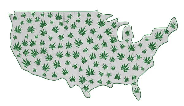 白に隔離された緑の大麻の葉で満たされた米国の地図 — ストック写真