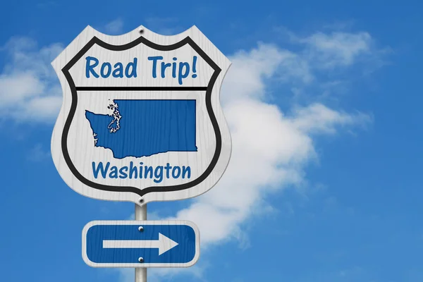 ワシントンロードトリップ高速道路標識 ワシントン地図とテキスト空を背景にした高速道路標識のロードトリップ — ストック写真