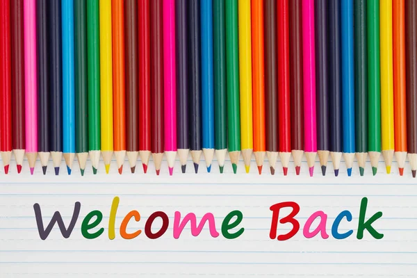 Welcome Back Message Color Pencils Crayons Vintage Ruled Line Notebook — Stock Photo, Image