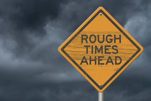 Rough Times Ahead Warning Road Sign Stormy Sky — Stock Photo, Image