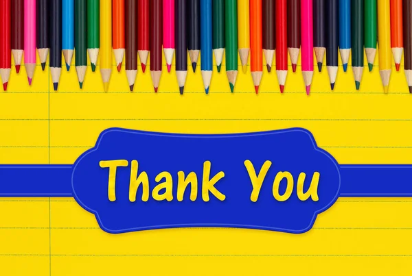 Thank You Message Color Pencils Crayons Vintage Yellow Ruled Line — Stock Photo, Image