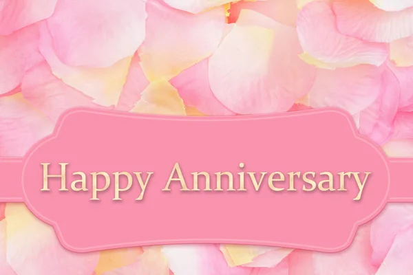 Všechno Nejlepší Výročí Růžovém Praporu Růžovými Žlutými Okvětními Lístky Růží — Stock fotografie