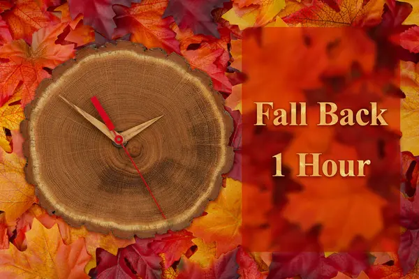 Wycofać Się Godzina Zmiana Czasu Zegarem Drewna Jesiennych Liściach — Zdjęcie stockowe