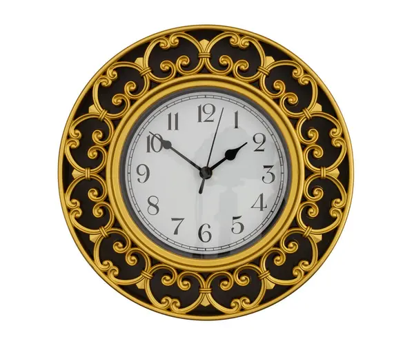 Relógio Vintage Com Motivos Redemoinho Ouro Isolado Branco — Fotografia de Stock