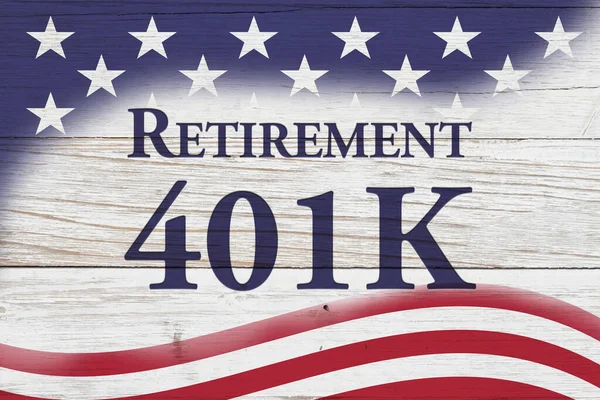 stock image 401k for retirement savings with stars and stripes on weathered wood