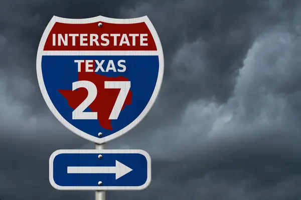 USA Interstate 27 highway sign, Red, white and blue interstate highway road sign with number 27 with stormy sky background