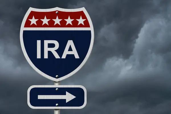 American IRA Highway Road Sign, Red, White and Blue American Highway Sign with words IRA with stormy sky background