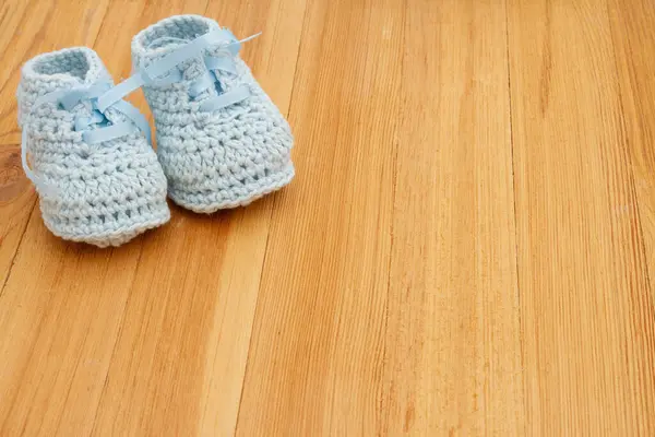 Blue Baby Booties Wood Desk Space You Message — Stock Photo, Image