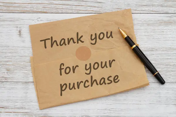 Thank You Your Purchase Message Brown Crumpled Butcher Paper Pen — Stock Photo, Image