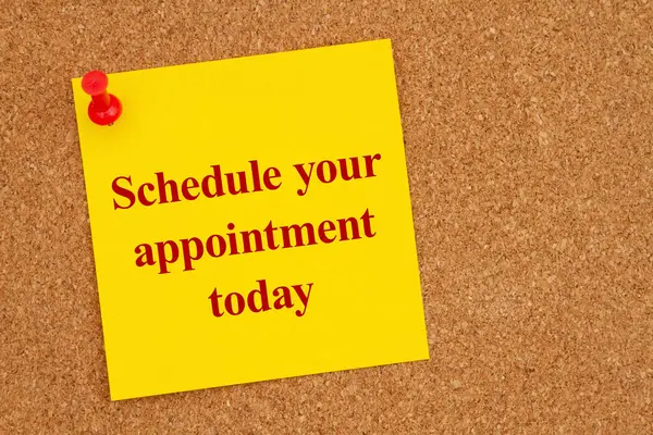 Schedule Your Appointment Today Yellow Sticky Note Pushpin Corkboard — Stock Photo, Image