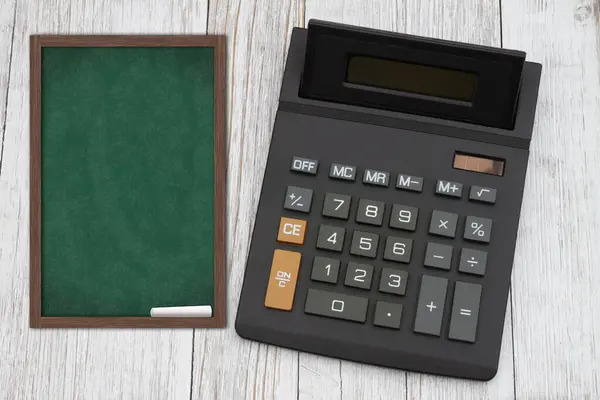 Cost Tuition Education Black Calculator Chalkboard Weathered Wood Desk Stock Image