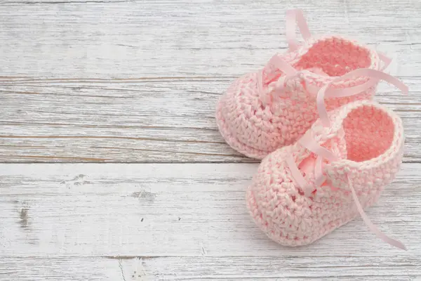 Pink Baby Booties Weathered Wood Space You Message — Stock Photo, Image