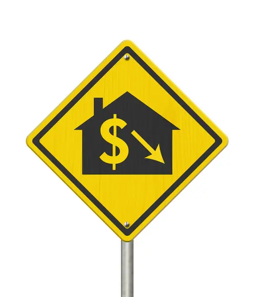 房屋营销崩溃带来的房屋和美元标志警告道路标志孤立在白色 图库照片