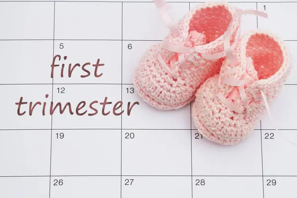 First Trimester Message Calendar Pink Baby Booties — Stock Photo, Image