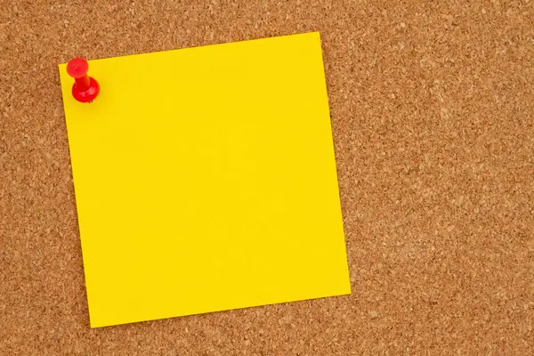Brown Corkboard Yellow Sticky Note Pushpin Background — Stock Photo, Image