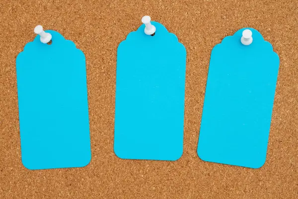 Brown Corkboard Etiquetas Presente Azul Pushpin Mockup Imagem De Stock