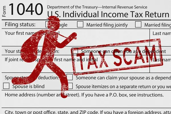 1040税金の税金詐欺は 詐欺師のアイコンで私たちに個々の所得税を形成します — ストック写真