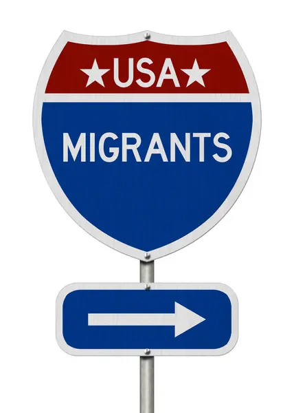 Usa Migranter Detta Sätt Meddelande Motorvägen Vägskylt Isolerad Vit Stockbild