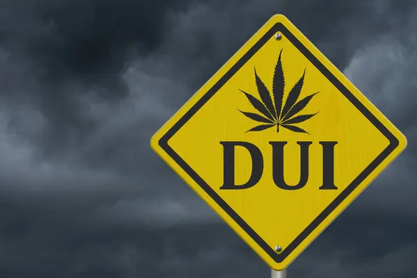Yellow Warning Dwi Marijuana Leaf Road Sign Stormy Sky — Stock Photo, Image