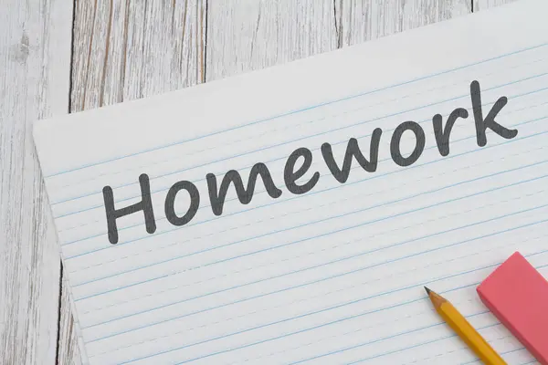 Homework Message Ruled Lined Paper Pencil School Weathered Wood Desk — Stock Photo, Image