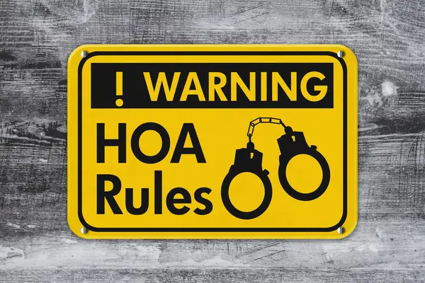 stock image  Yellow warning HOA rules with handcuffs sign on weathered wood