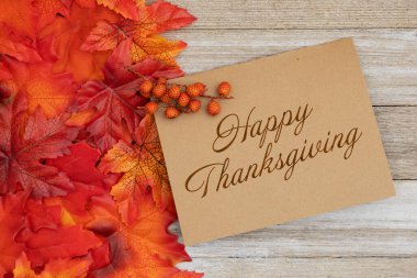 Şükran Günü notun kutlu olsun. Sonbahar yaprakları ve yıpranmış kırsal ağaçlarda bir tebrik kartı. 