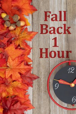 Fall Back 1 hour with call leaves, clock and acorns on weathered rustic wood clipart