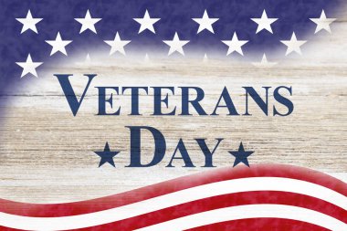 Gaziler Günü tabelasında yıpranmış ahşap üzerinde kırmızı, beyaz ve mavi Amerikan bayrağı