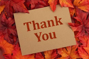 Minnettarlık mevsimi için kırmızı ahşap üzerinde kahverengi bir tebrik kartı üzerine sonbahar yaprakları ile not