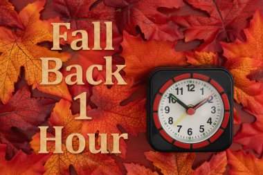 Fall Back 1 Hour time change with fall leaves and clock on red wood  clipart