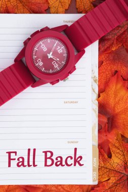 Fall Back on day planner and watch on Sunday with fall leaves clipart