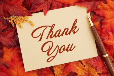 Teşekkür ederim. Kahverengi bir tebrik kartının üzerindeki yapraklarla ve minnettarlık mevsimi için kırmızı tahtadaki kalemle.