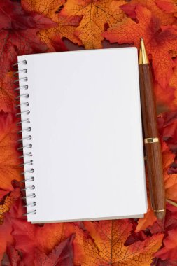 Boş beyaz defter ve sonbahar mesajın için kırmızı tahtaya dökülen yapraklı kalem.