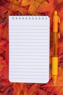 Boş beyaz defter ve sonbahar mesajın için kırmızı tahtaya dökülen yapraklı kalem.