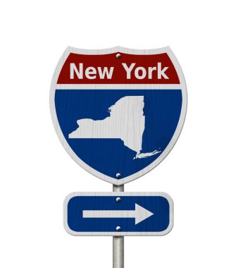 New York 'a yol gezisi, kırmızı, beyaz ve mavi otobanlar arası yol tabelası New York sözcüğü ve beyaz üzerinde izole edilmiş New York haritası