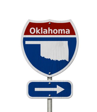 Oklahoma 'ya yolculuk, kırmızı, beyaz ve mavi otoban işaretli Oklahoma ve Oklahoma haritası beyazın üzerinde izole.
