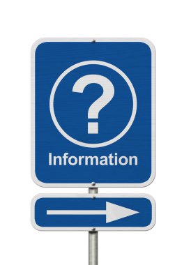  Üzerinde soru işareti olan mavi bir yol işareti ve doğru bilgiyi gösteren kelime beyaz üzerinde izole edilmiş. Yardım veya veri için kullanışlı bir sembol.