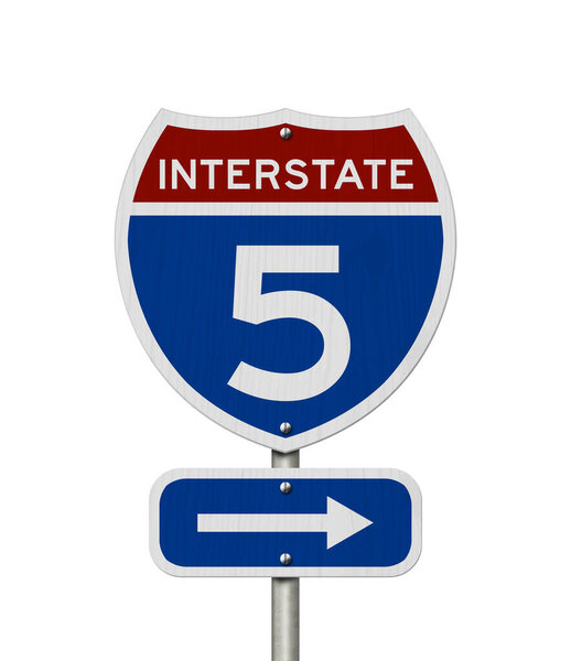 I-5 interstate USA red and blue highway road sign isolated over white