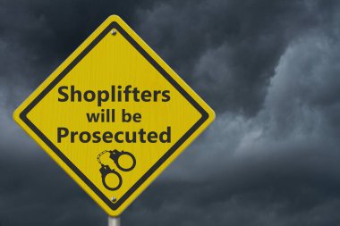  Shoplifters will be prosecuted warning sign with stormy sky clipart