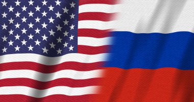 ABD bayrak yıldızları ve çizgileri ve birlikte çalışma mesajınız için Rus bayrağı arka planı