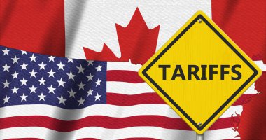 ABD bayrak yıldızları ve çizgili gümrük vergisi uyarısı ve uluslararası ticaret politikası sınırlı Kanada bayrağı