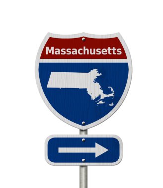 Massachusetts 'e yol gezisi, kırmızı, beyaz ve mavi otobanlar arası yol tabelası Massachusetts ve Massachusetts haritası beyazın üzerinde izole edilmiş.