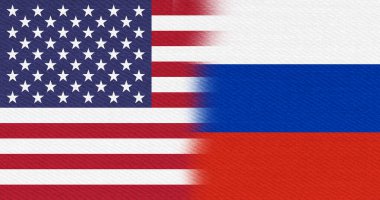 ABD bayrak yıldızları ve çizgileri ve birlikte çalışma mesajınız için Rus bayrağı arka planı