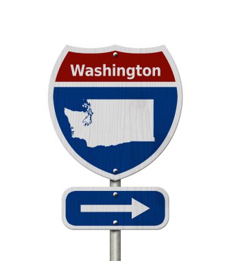 Washington 'a yol gezisi, kırmızı, beyaz ve mavi otobanlar arası yol tabelası ve Washington haritası beyazın üzerinde izole edilmiş.