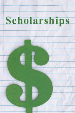 Yeşil dolar sembollü burs kavramı. Parçalanmış, gevşek yapraklı defter kağıdı.