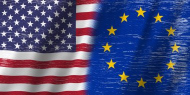 Sıkıntılı ABD bayrak yıldızları ve çizgileri ve AB Avrupa Birliği bayrak geçmişi uluslararası ilişkiler ve işbirliği mesajınız için