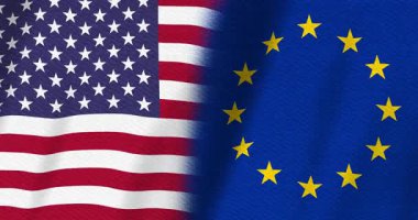 ABD bayrak yıldızları ve çizgileri ve Avrupa Birliği bayrak arkaplanı sorunsuz döngü ile birlikte çalışma mesajınız için